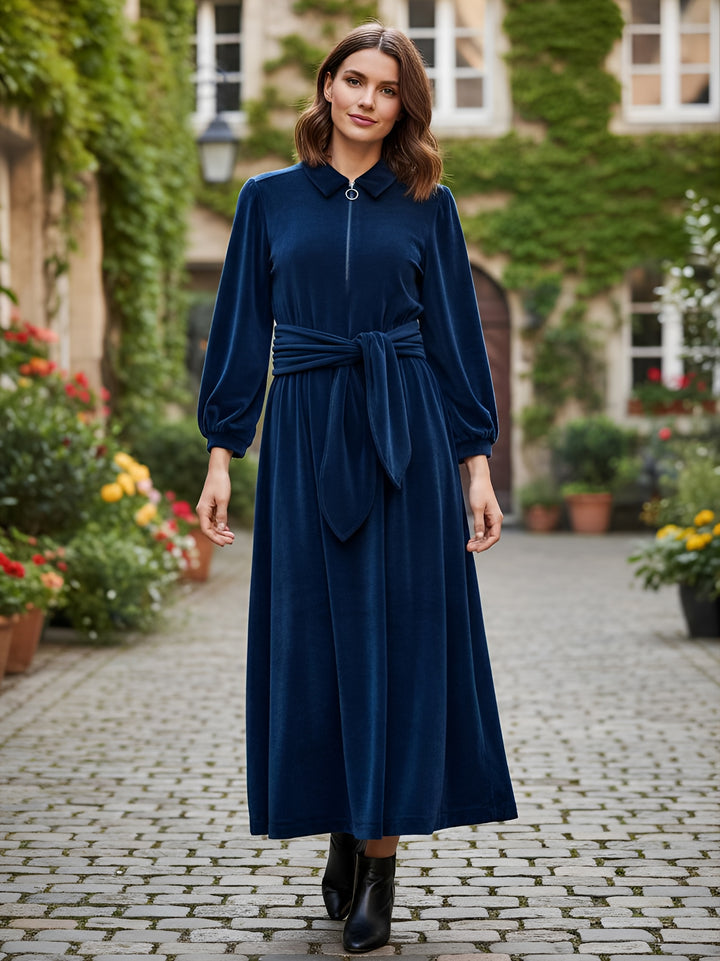 "Imogen" Stretch Velvet Midi Dress (Navy)