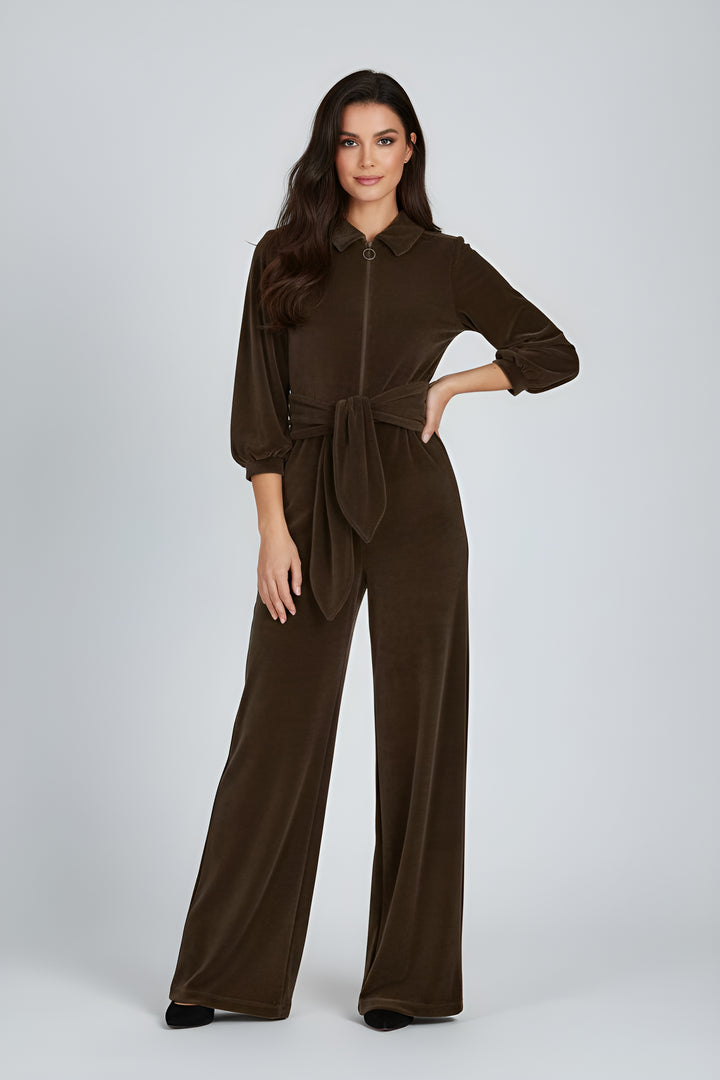 "Mitty" Wide Leg Jumpsuit - Stretch Cotton Velvet (Chocolate Brown) PRE-ORDER