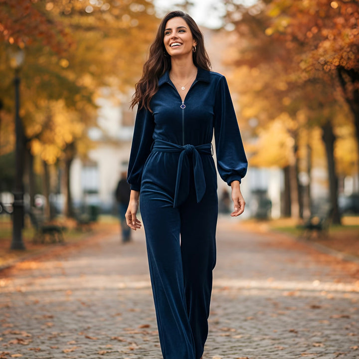 "Mitty" Wide Leg Jumpsuit - Stretch Cotton Velvet (Dark Navy) PRE-ORDER