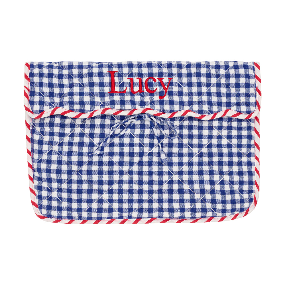 personlaised Quilted blue Gingham Laptop Case embroidered with the name Lucy in red