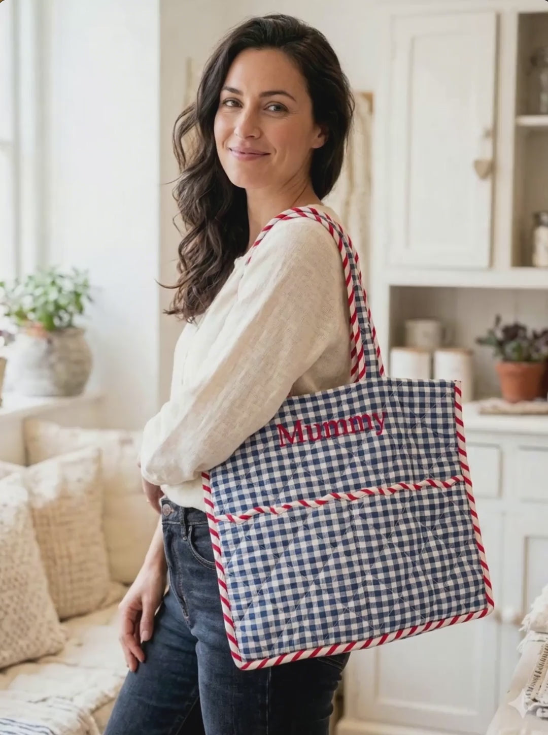Quilted Gingham Tote Bag | Marine Blue