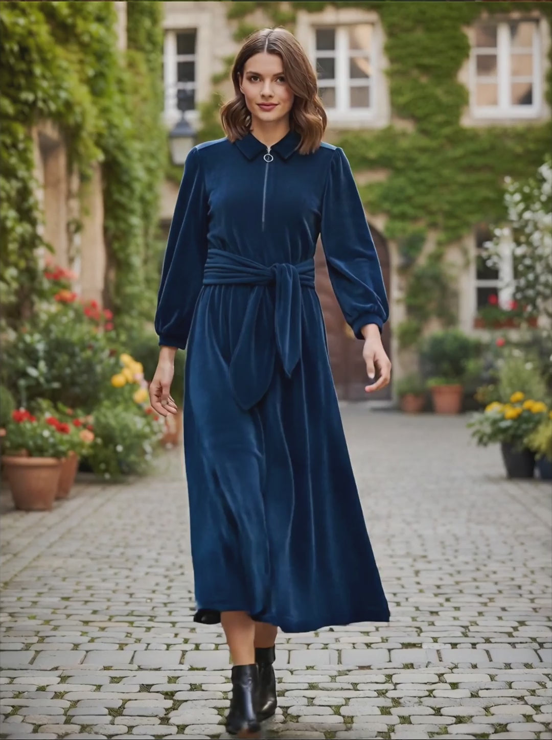 "Imogen" Stretch Velvet Midi Dress (Navy)