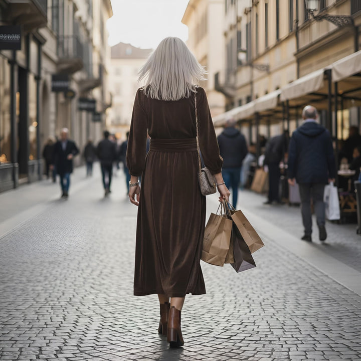 "Imogen" Stretch Velvet Midi Dress (Brown)