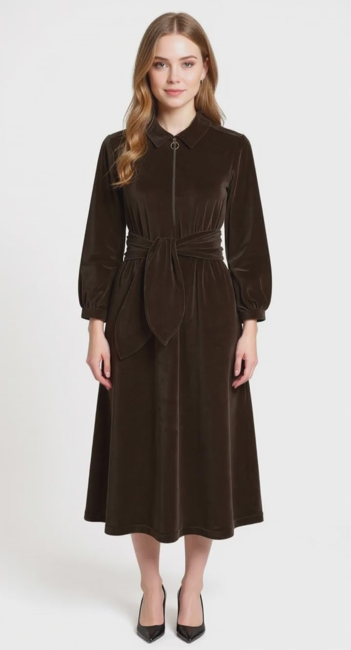 "Imogen" Stretch Velvet Midi Dress (Brown)