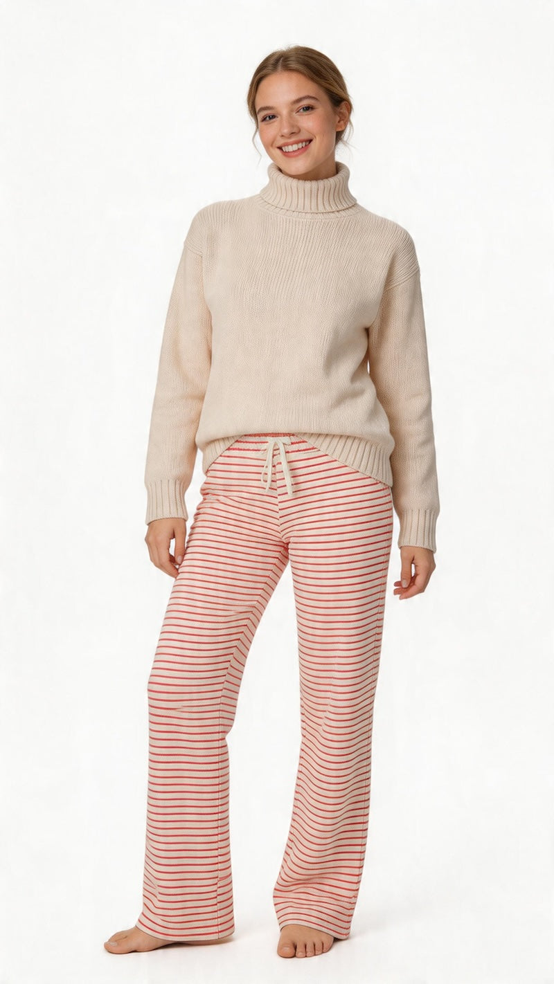 Womens Striped Towelling Wide Leg Jogging Bottoms | Strawberries & Cream