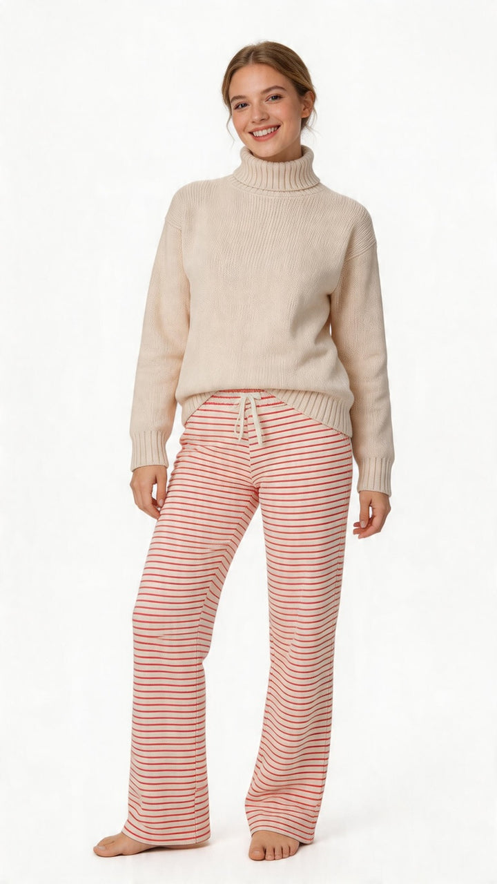 Womens Striped Towelling Wide Leg Jogging Bottoms | Strawberries & Cream