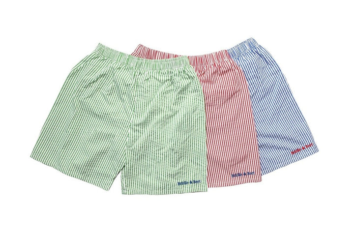 bridie & bert boys seersucker swimming trunks available in 3 colours (green, red, blue)